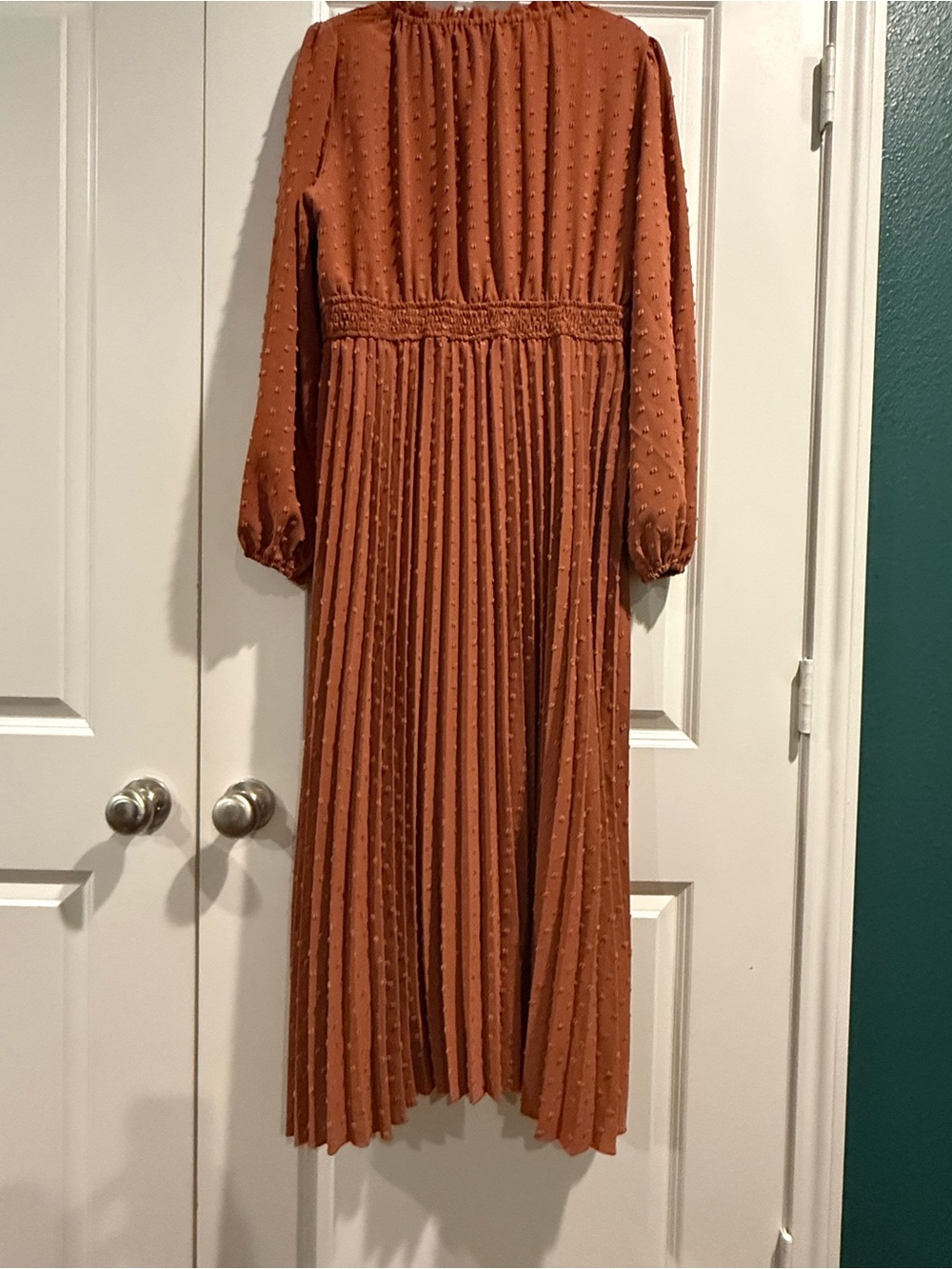 Rust Textured Maxi Dress with Smocked Waist - Picture 5 of 6